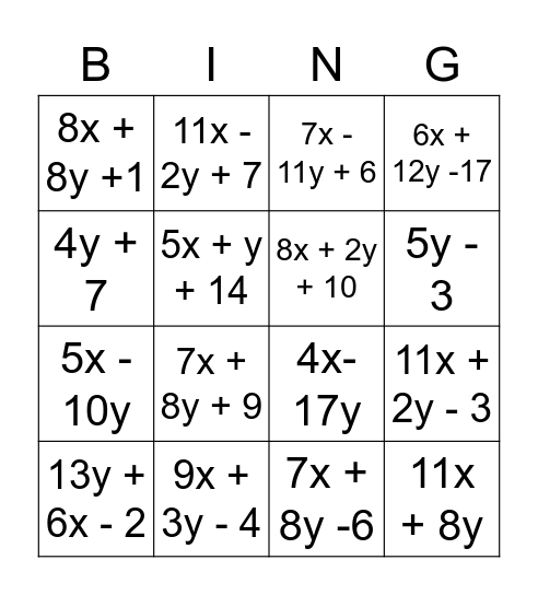 Math Variables Bingo Card