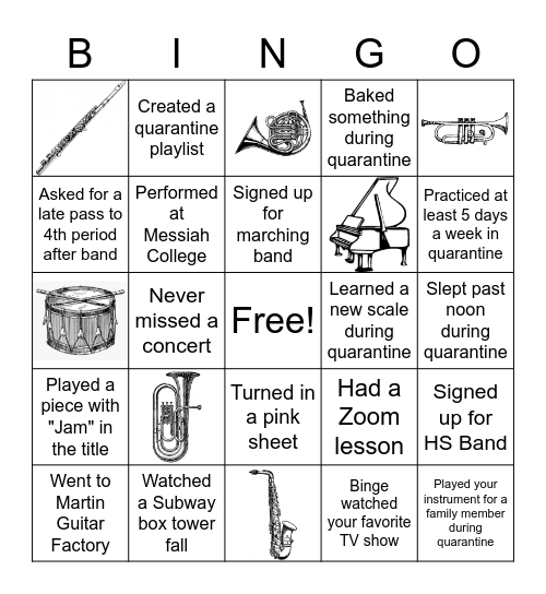 2020 Band Bingo - In and Out of Quarantine Bingo Card