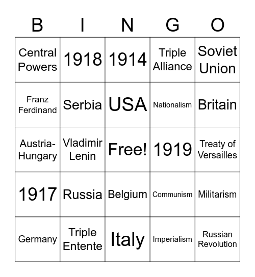 WW1 - World War One Bingo Card