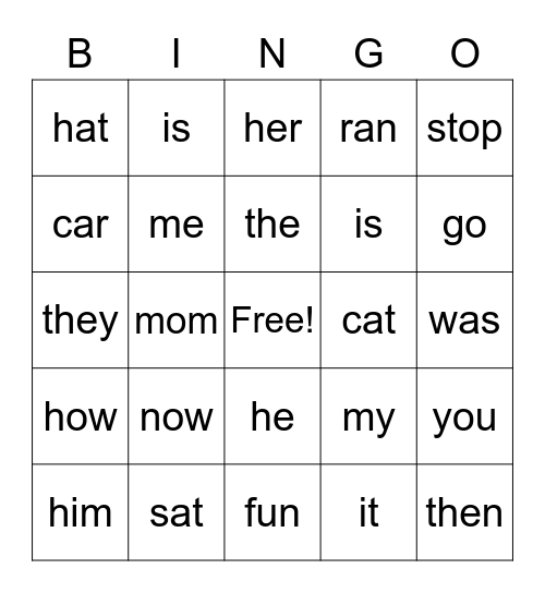 Kindergarten Bingo Card