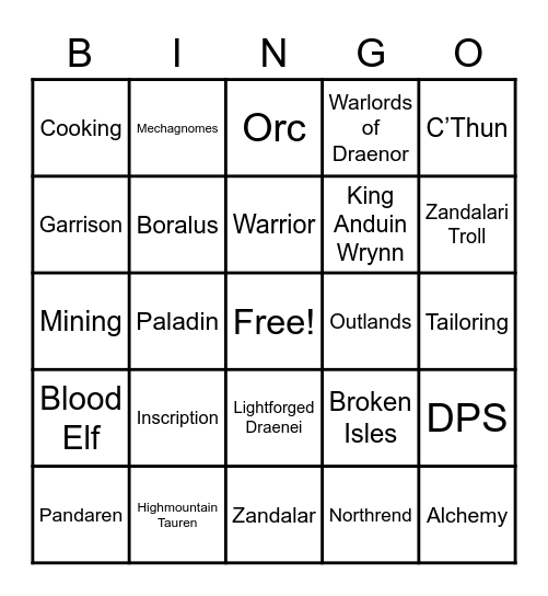 World of Warcraft Bingo Card