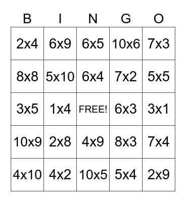 Multiplication Bingo Card
