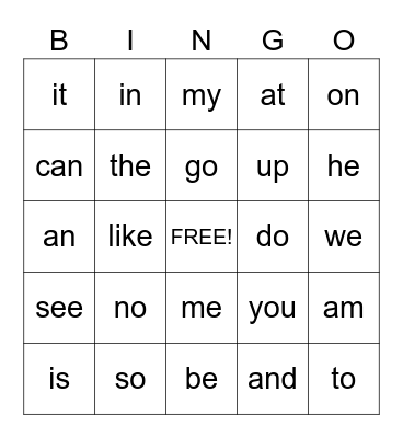 Sight Words Bingo Card
