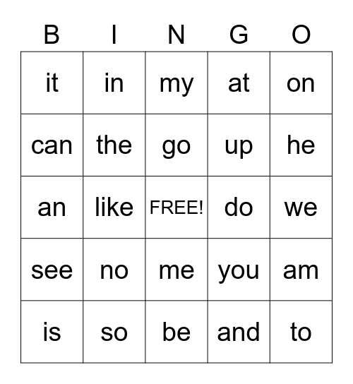 Sight Words Bingo Card