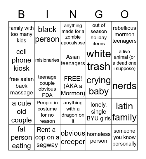 People Watching Bingo Card