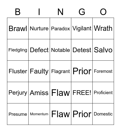 Vocabulary Bingo Card