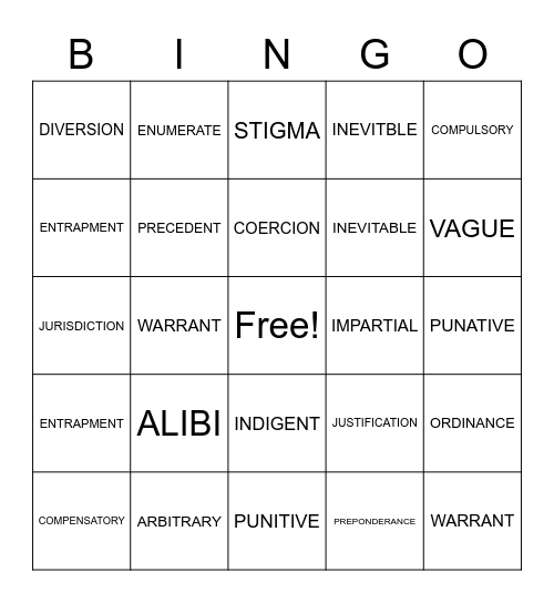 Vocabulary Bingo Card