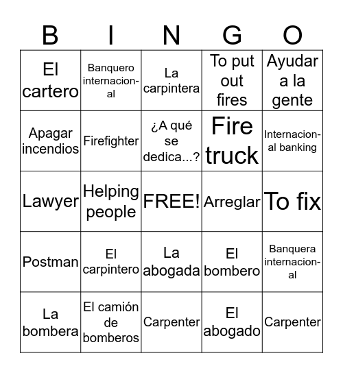 Spanish vocab  Bingo Card