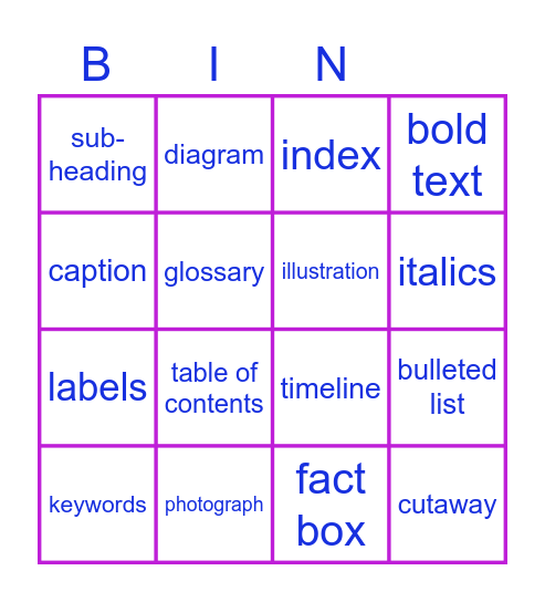 Text Features Bingo Card