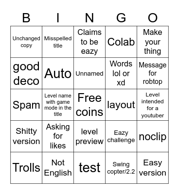 Recent level Bingo Card