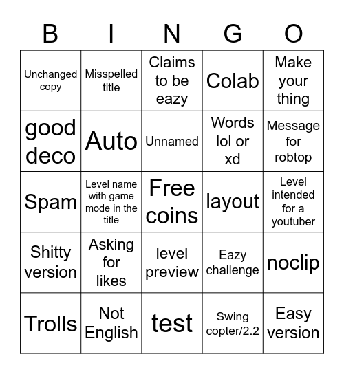 Recent level Bingo Card