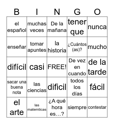 Vocabulario Unidad 2 leccion 1 Bingo Card