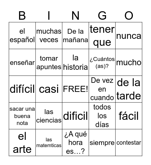 Vocabulario Unidad 2 leccion 1 Bingo Card