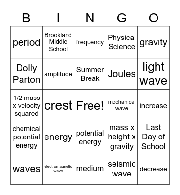 LAST DAY OF SCHOOL Bingo Card