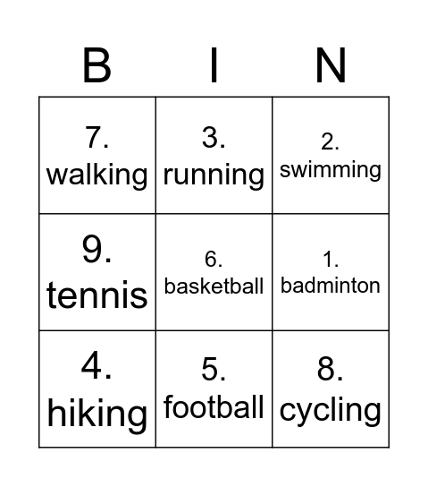 Sport Activities Bingo Card