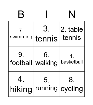 Sport Activities Bingo Card