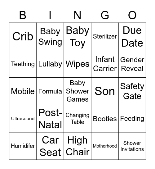 VIRTUAL BABY SHOWER BINGO Card