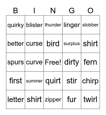 er, ir, ur Bingo Card