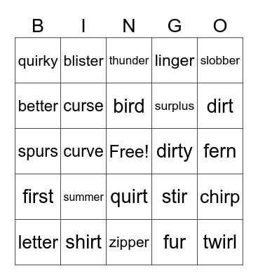 er, ir, ur Bingo Card