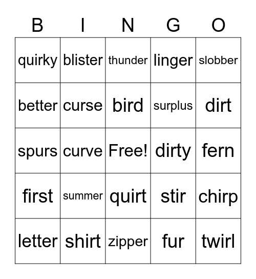 er, ir, ur Bingo Card
