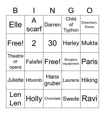 DS Team Bingo Card