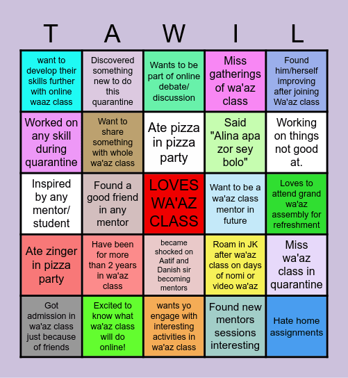 Ta'wil 2020 bingo Card