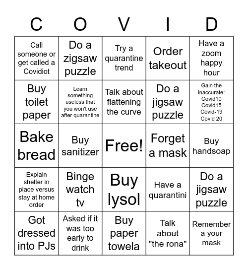 Quarantine Bingo Card