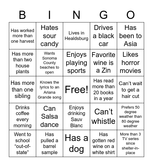 Sonoma Quality Team Bingo Card