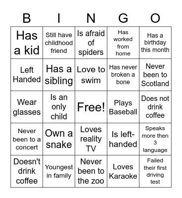 Getting to know you better! Bingo Card