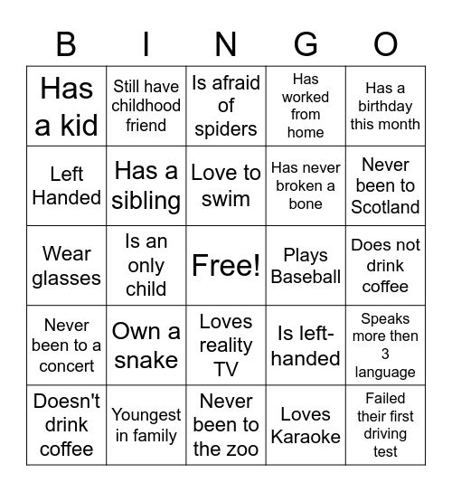 Getting to know you better! Bingo Card