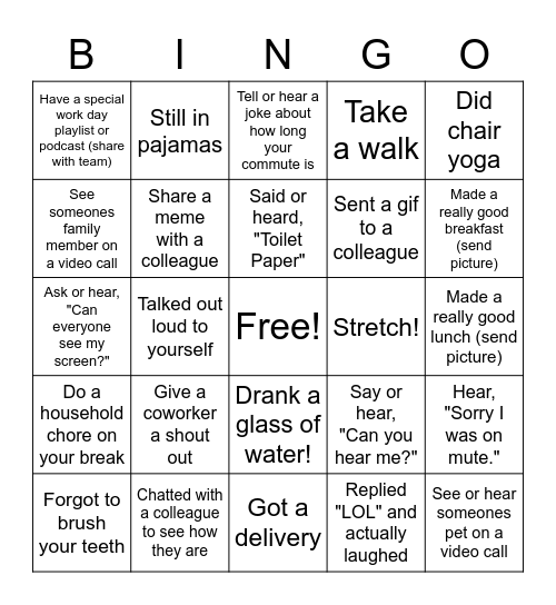 Work from Home Bingo Card