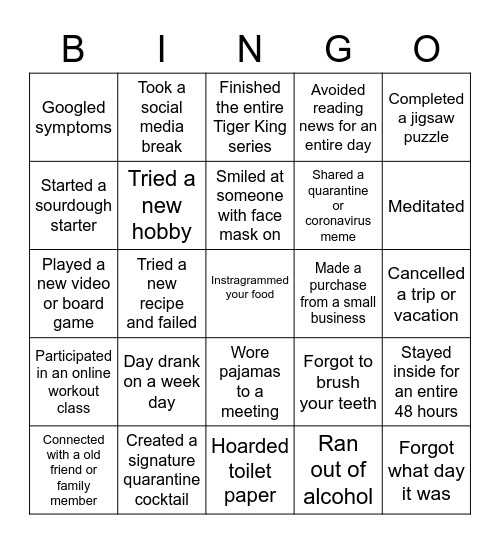 Quarantine Bingo Card