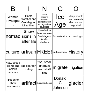 PREHISTORY Bingo Card