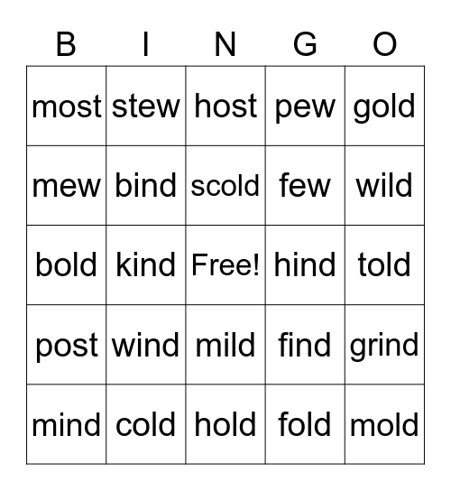 ild, ind, ost, old Bingo Card