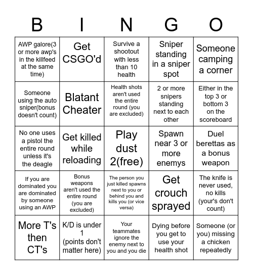 CS:GO Team Deathmatch Bingo Card
