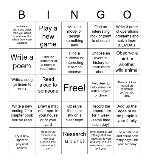 End of Year Bingo Card