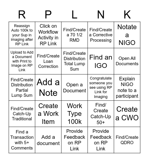 RP Link Engagement Bingo Card