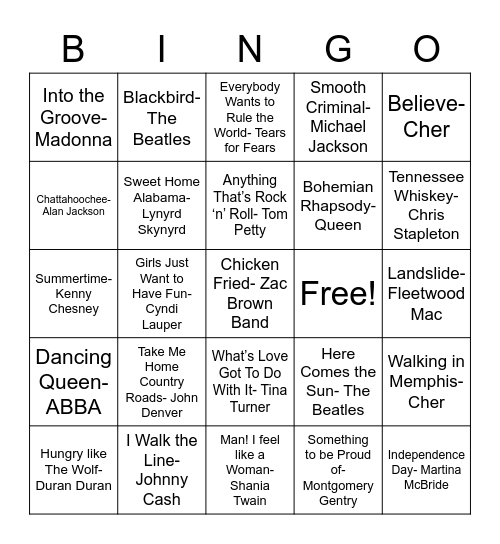 Musical Bingo Card