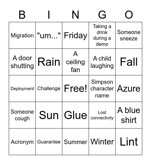 2005 Demo Day Bingo Card
