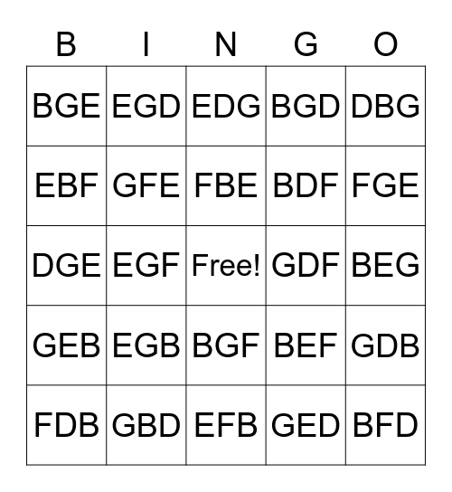 Note Names Bingo (EGBDF) Bingo Card