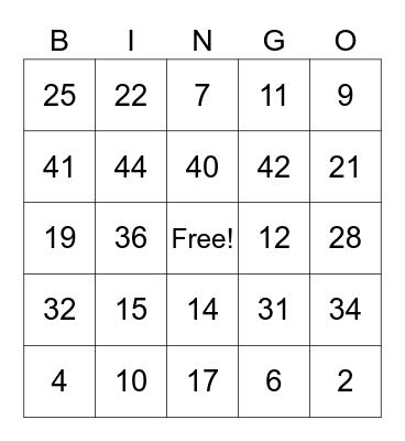 Addition 1-45 Bingo Card