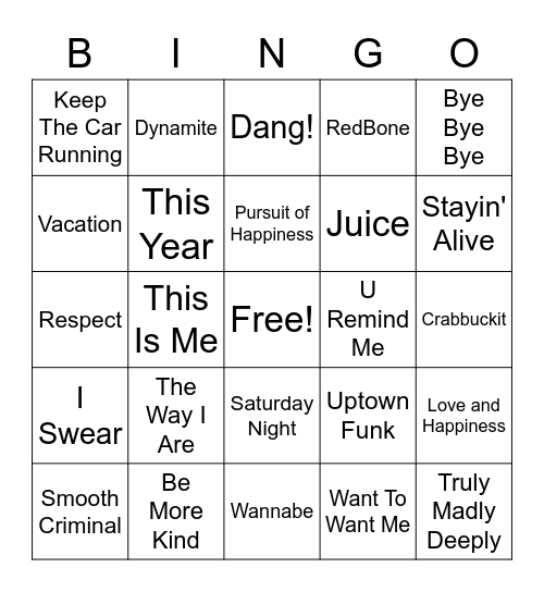 RLT Music Bingo! Bingo Card