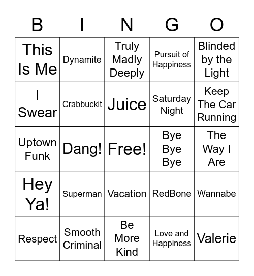 RLT Music Bingo! Bingo Card