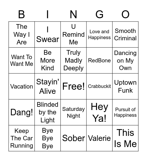 RLT Music Bingo! Bingo Card