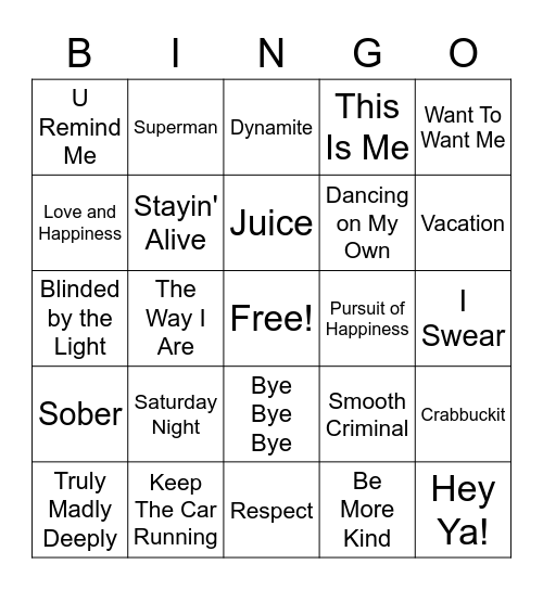 RLT Music Bingo! Bingo Card