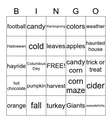 Fall Words Bingo Card