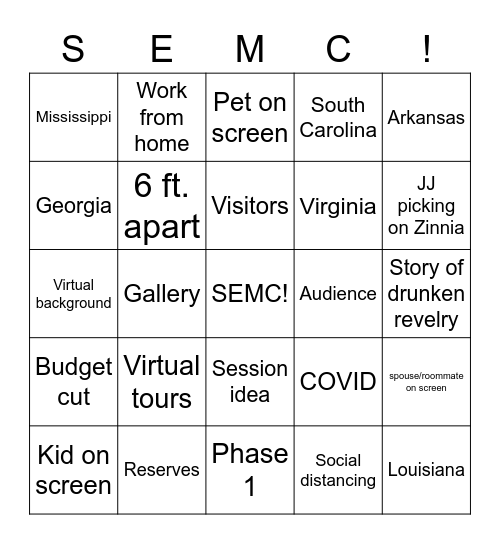 SEMC Bingo Card