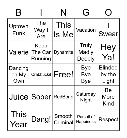 RLT Music Bingo! Bingo Card