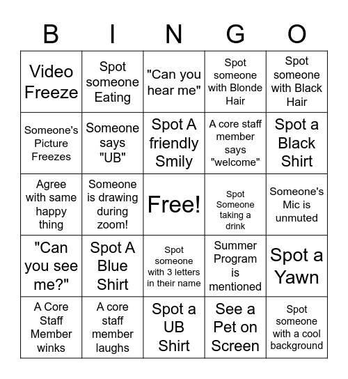 UB Community Meeting BINGo Card