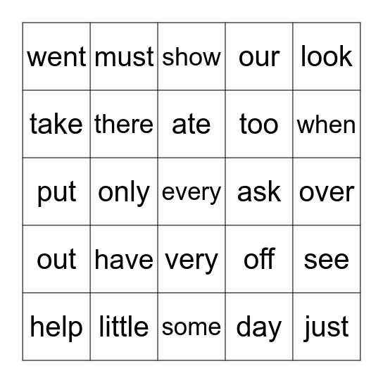 Sight Word Bingo Card